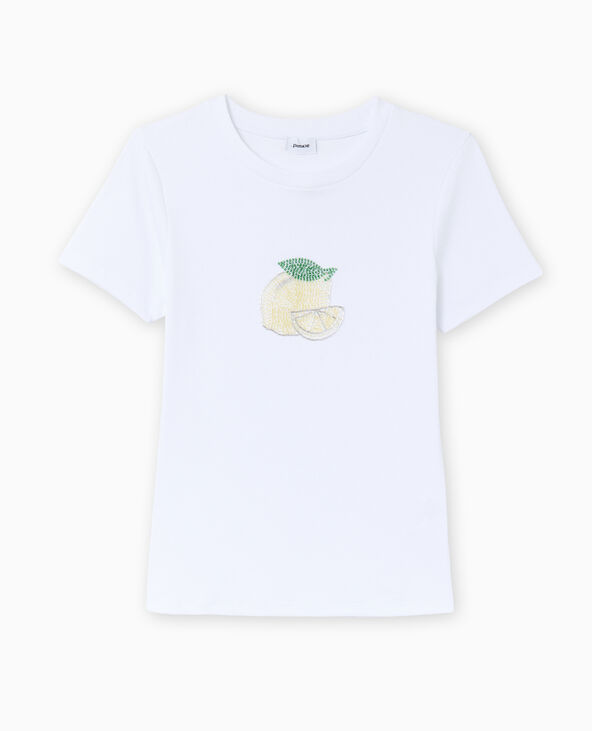 T-shirt ajusté en maille côtelée avec citron blanc - Pimkie