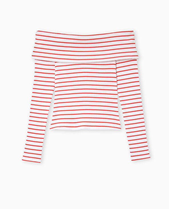 Top en maille côtelée encolure Bardot rayé rouge - Pimkie