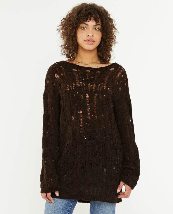 Pull oversize en maille ajourée effet destroy marron - Pimkie