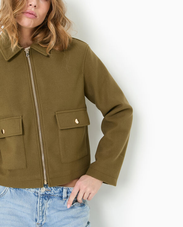 Manteau court effet drap de laine vert kaki - Pimkie