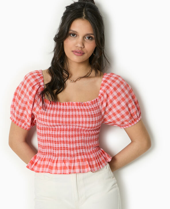 Top smocké motif vichy orange - Pimkie