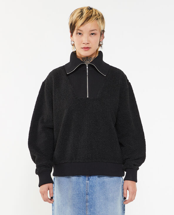 Sweat en sherpa avec col camionneur noir - Pimkie