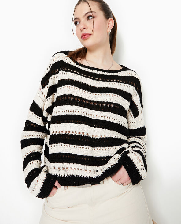 Pull rayé en maille ajourée façon crochet noir - Pimkie