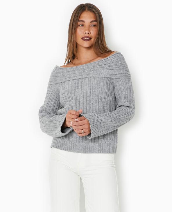 Pull en maille côtelée avec encolure Bardot gris chiné - Pimkie