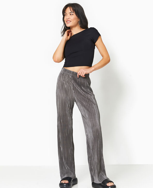 Pantalon large en tissu plissé et satiné gris foncé - Pimkie