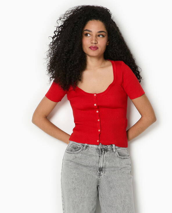 T-shirt boutonné en maille côtelée rouge - Pimkie