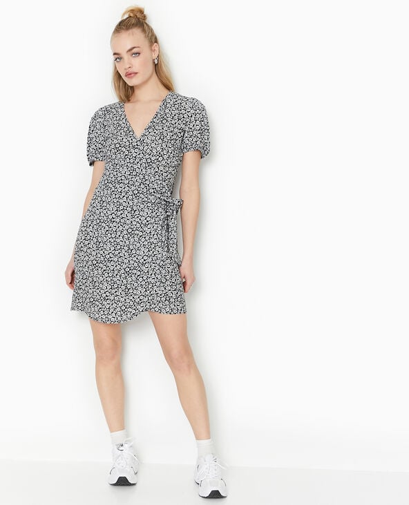 Robe courte encolure cache-cœur motif fleurs noir - Pimkie