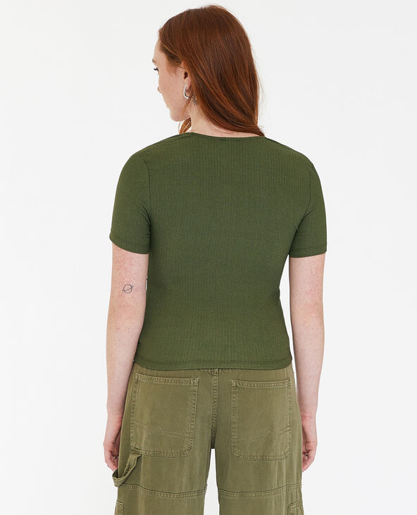 T-shirt col carré avec tulle drapé devant vert kaki - Pimkie