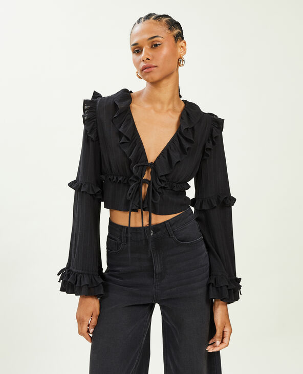 Blouse courte avec volants noir - Pimkie