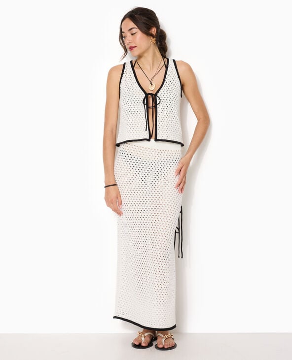 Jupe longue en crochet avec fente et nouettes blanc - Pimkie
