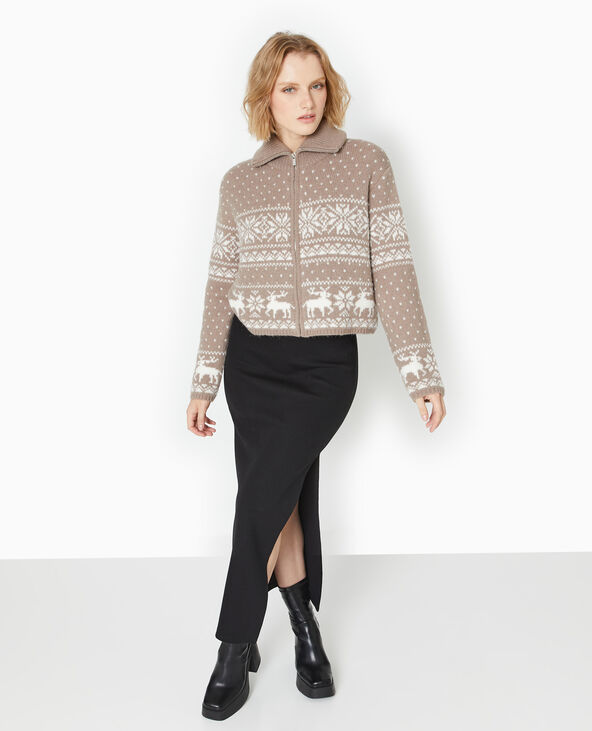 Gilet court zippé avec motifs de Noël taupe - Pimkie