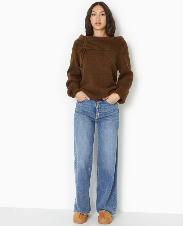 Pull oversize avec encolure Bardot et lien coulissé marron - Pimkie