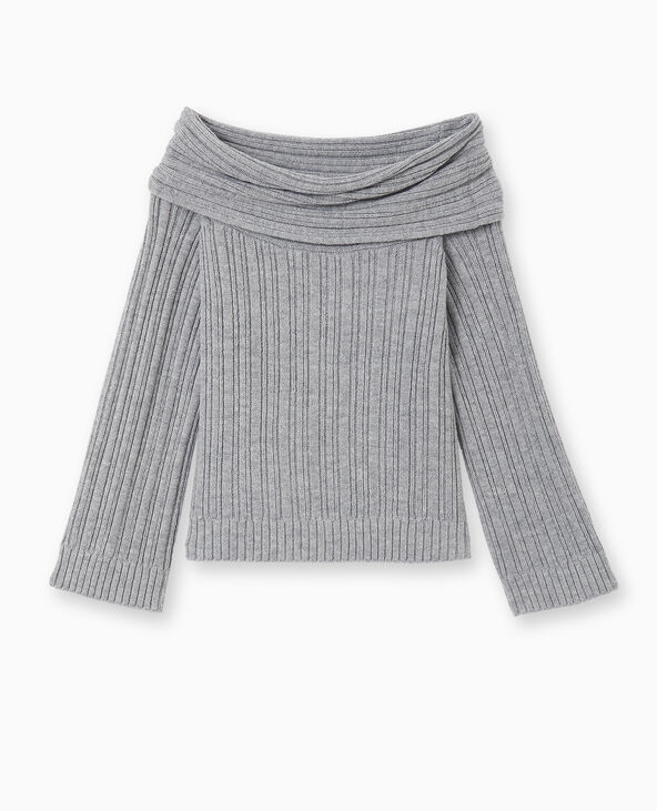 Pull en maille côtelée avec encolure Bardot gris chiné - Pimkie