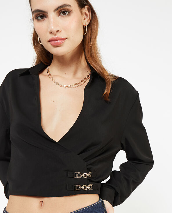 Blouse courte effet cache-cœur noir - Pimkie