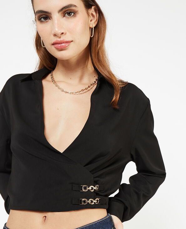 Blouse courte effet cache-cœur noir - Pimkie