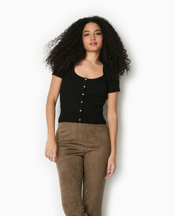 T-shirt boutonné en maille côtelée noir - Pimkie