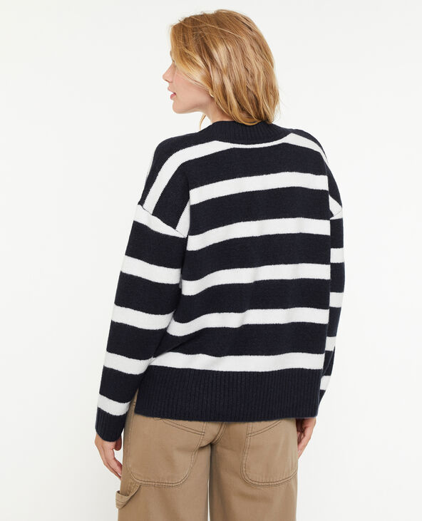Pull droit rayé avec grand col V bleu marine - Pimkie