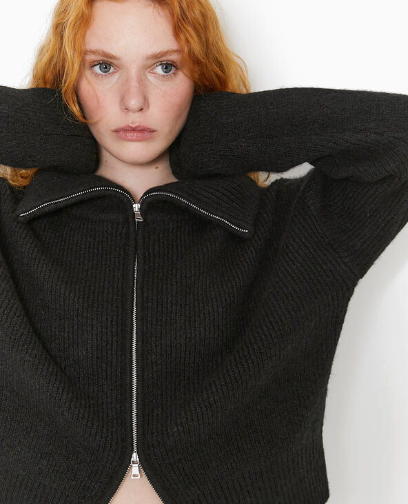 Gilet zippé avec grand col maille côtelée noir - Pimkie