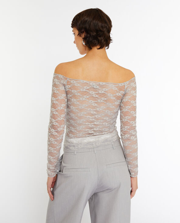 Top en dentelle encolure Bardot gris clair - Pimkie