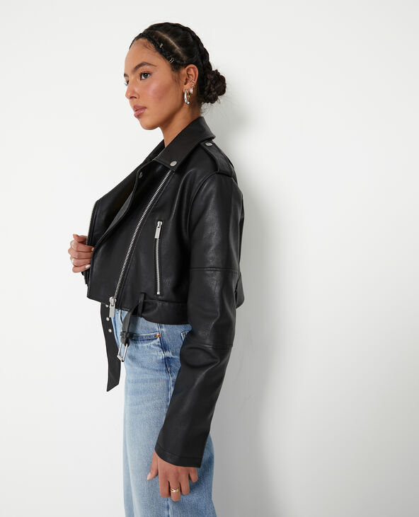 Blouson biker court avec ceinture noir - Pimkie