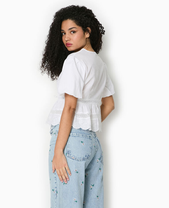 Blouse manches courtes avec broderies et dentelle blanc - Pimkie