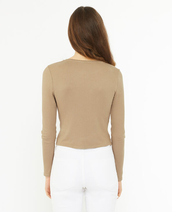 Top en maille côtelée effet croisé devant beige - Pimkie
