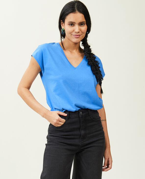T-shirt col V manches courtes bleu - Pimkie