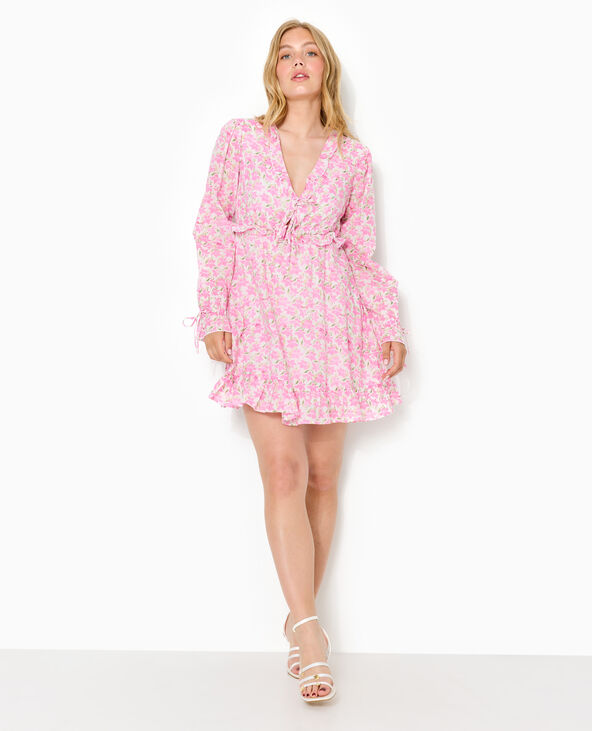 Robe courte avec volants motif fleurs rose - Pimkie