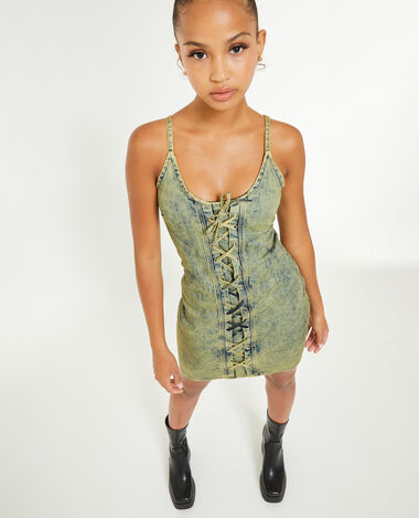 Robe courte en jean avec laçage bleu - Pimkie