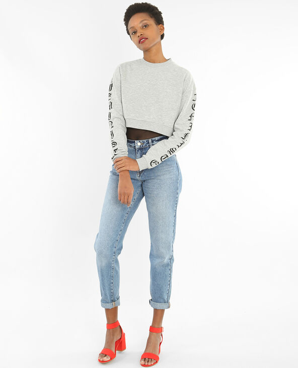 Sweat cropped message manches gris chiné - Pimkie