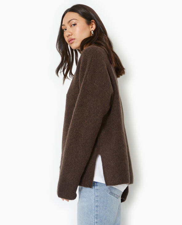 Pull col montant avec jeu de mailles marron - Pimkie