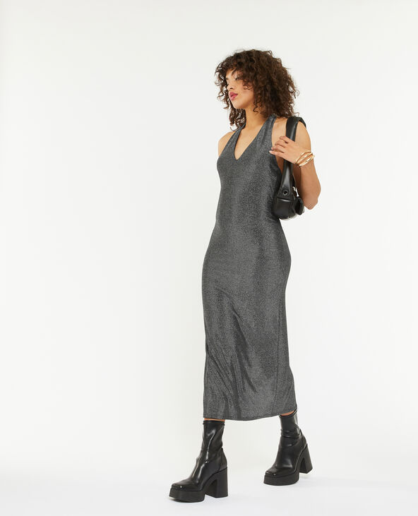 Robe longue dos nu en maille argent e