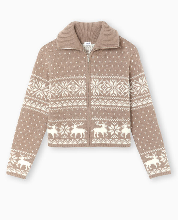 Gilet court zippé avec motifs de Noël taupe - Pimkie