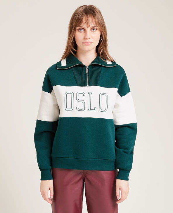 Sweat bi-matière col zippé vert - Pimkie