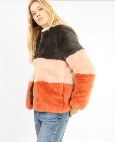 Manteau en fausse fourrure tricolore gris foncé - Pimkie