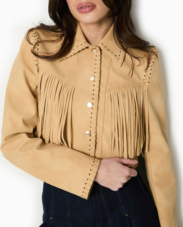 Veste western courte en suédine avec franges beige - Pimkie