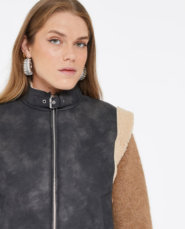 Blouson sans manches effet cuir et sherpa marron - Pimkie