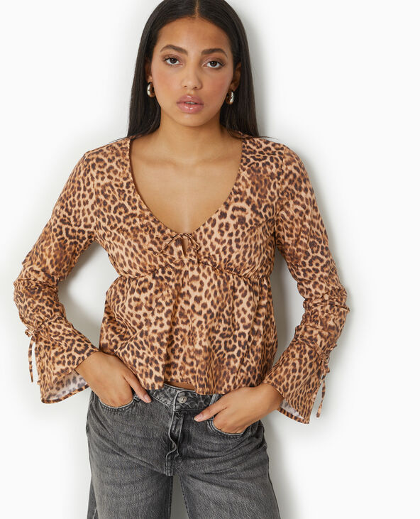 Blouse motif léopard avec manches flare marron - Pimkie