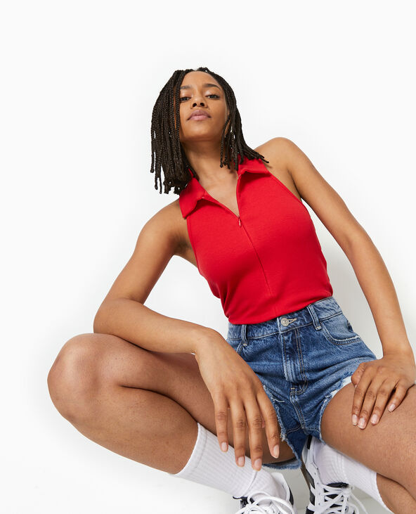 Top dos-nu col polo zippé rouge - Pimkie