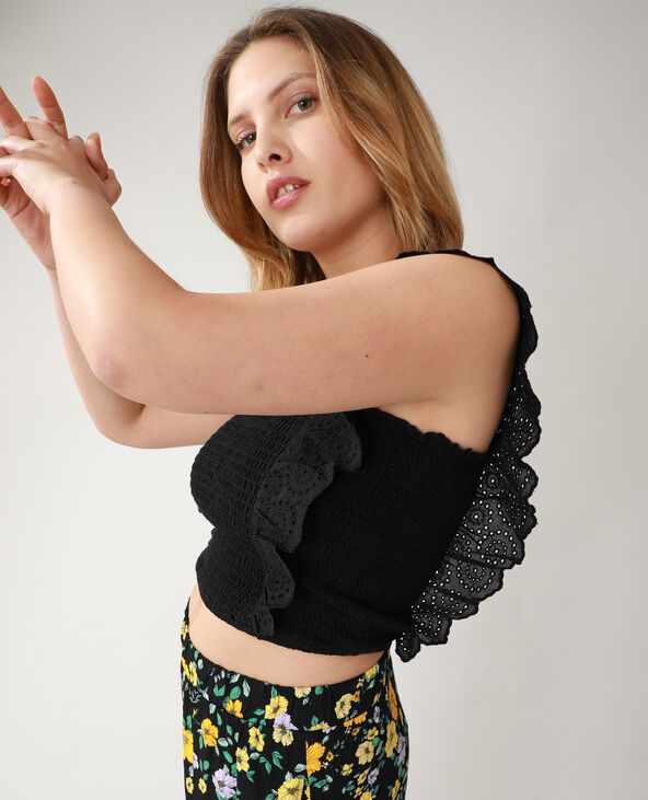 Top smocké avec broderie anglaise noir - Pimkie