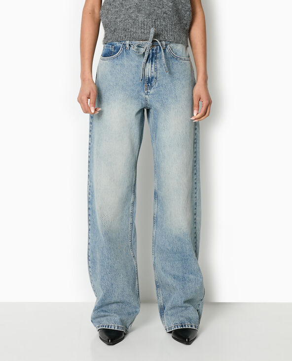 Jean droit taille basse avec ceinture à nouer bleu - Pimkie