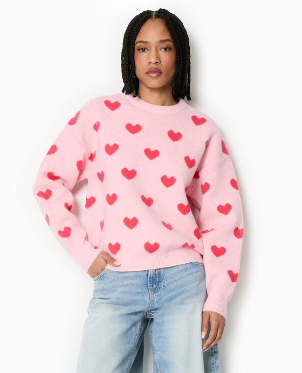 Pull col rond avec cœurs rose - Pimkie