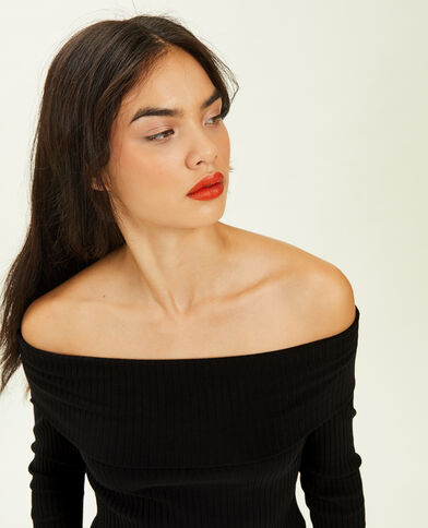 Top encolure Bardot maille côtelée noir - Pimkie