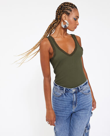 Débardeur col V avec dentelle vert kaki - Pimkie