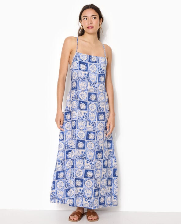 Robe longue à bretelles motif soleils et palmiers bleu - Pimkie