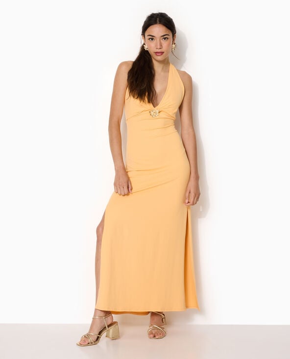 Robe longue dos-nu avec déco bijou fleur orange - Pimkie