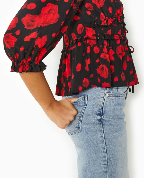 Blouse avec nouettes et volants motif roses noir - Pimkie