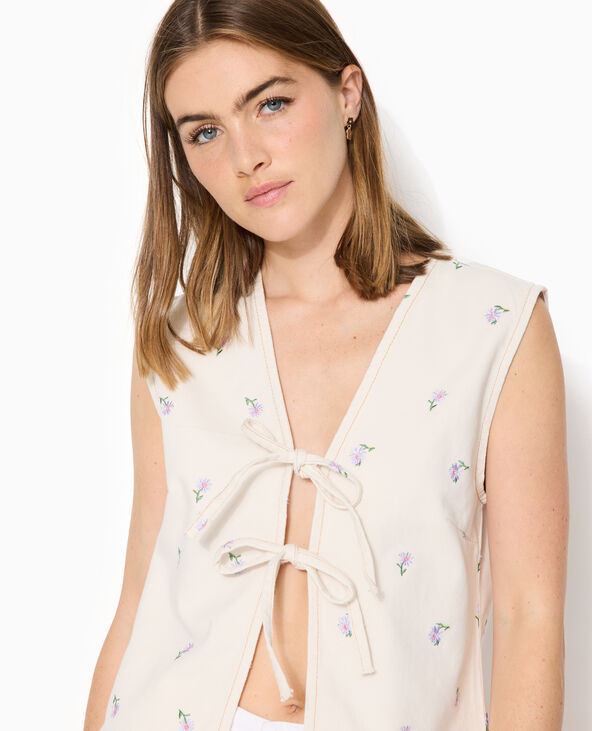 Veste sans manche en jean avec broderies fleurs blanc - Pimkie