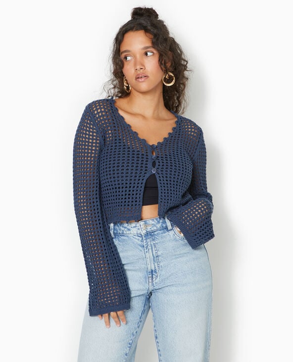 Gilet en maille crochet ajourée manches flare bleu marine - Pimkie