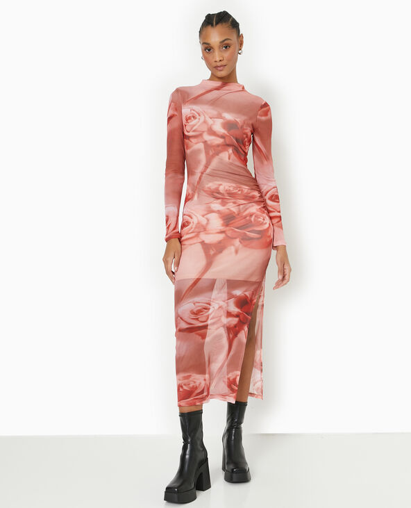 Robe longue en maille résille motif roses rouge - Pimkie